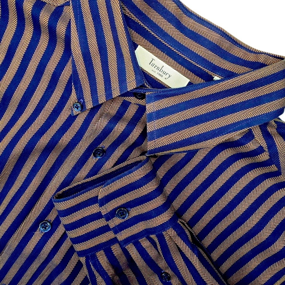VTG Turnbury Est 1980 Men's Blue and Gold Striped Shirt 100% Cotton Size XL 35